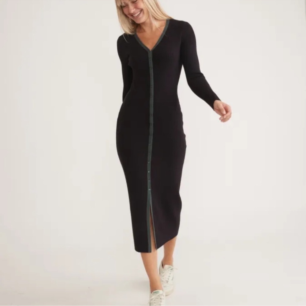 Marine Layer Lexi Rib Sweater Maxi Long Sleeve Dress Black Green Trim Large